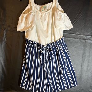 Blue and white cold shoulder jumpsuit